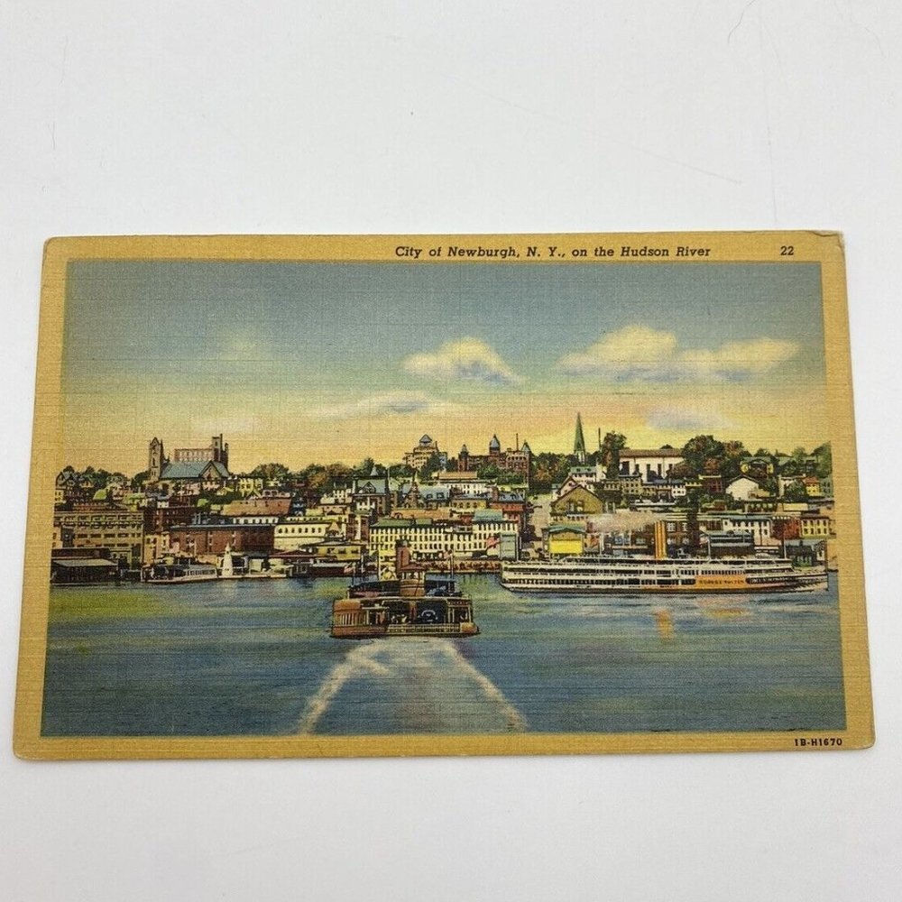 Vintage Newburgh NY Postcard Aerial View‎ Hudson River Linen Posted 1948